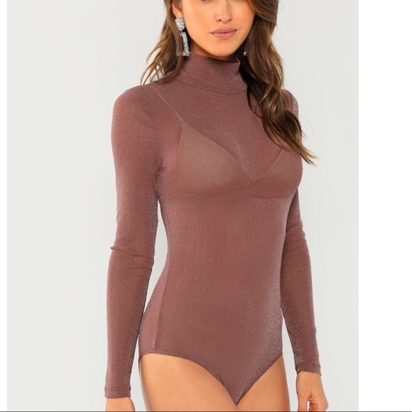 Mauve sparkly mesh turtle neck bodysuit - Picture 3 of 7